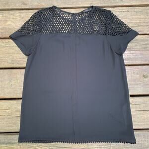 Zara Womens Blouse Black Short Sleeve Scoop Neck Keyhole Back Crochet S